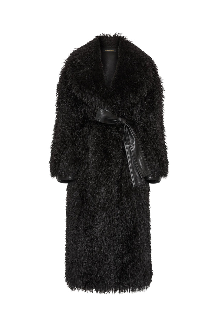 Long black faux Mongolian coat with wide collar and vegan leather tie belt, textured faux fur, front view on white.