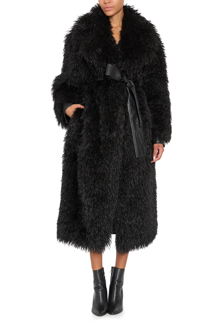 Faux Mongolian belted coat with textured curly fabric, structured silhouette. Front view on white.