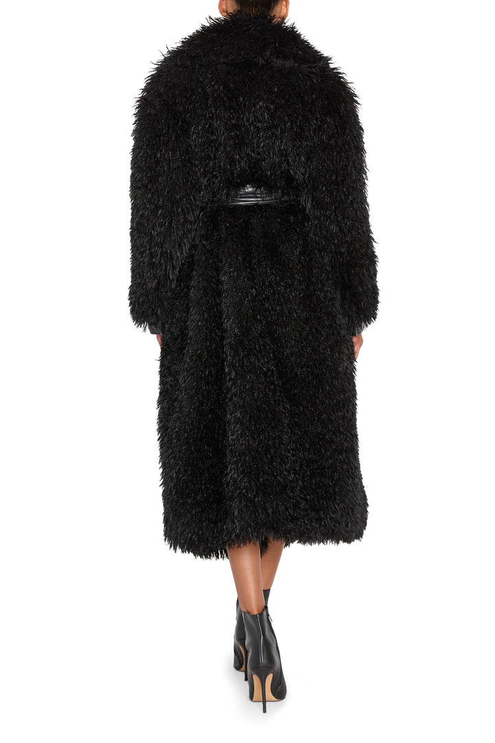 Faux Mongolian coat with belted waist, longline silhouette, voluminous textured fabric; back view on model.