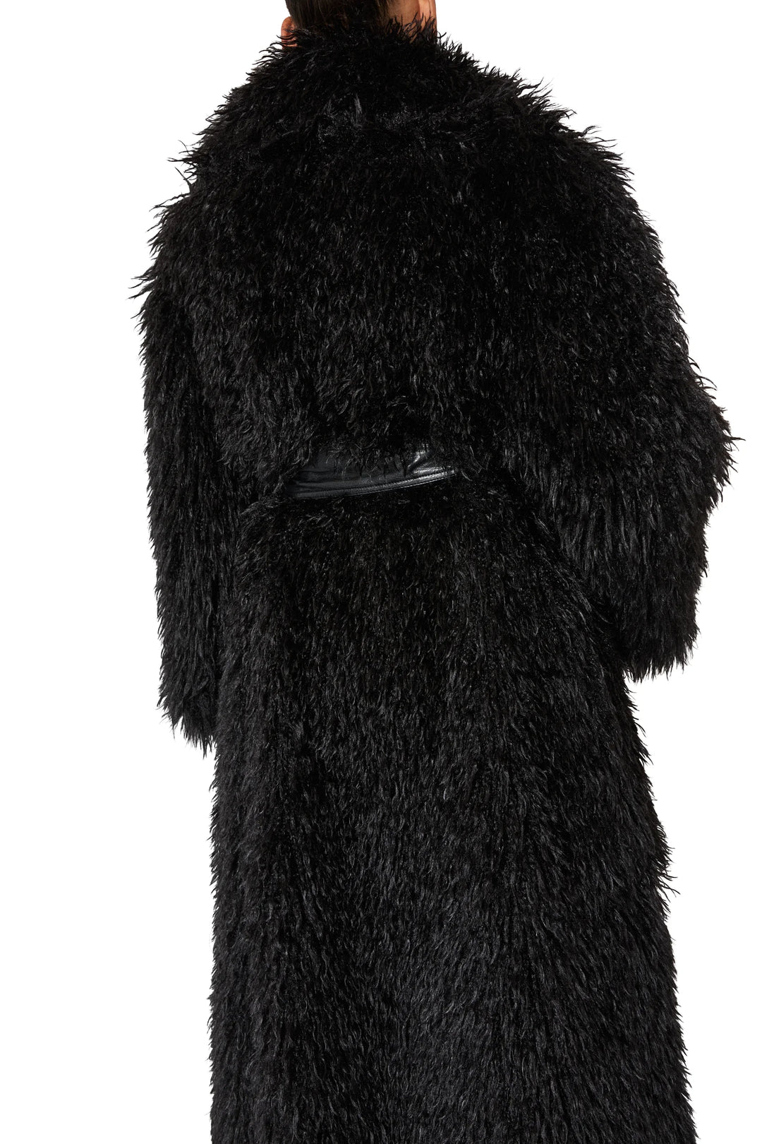 Long belted coat, relaxed silhouette, faux Mongolian fabric, flowing construction; back view on model.