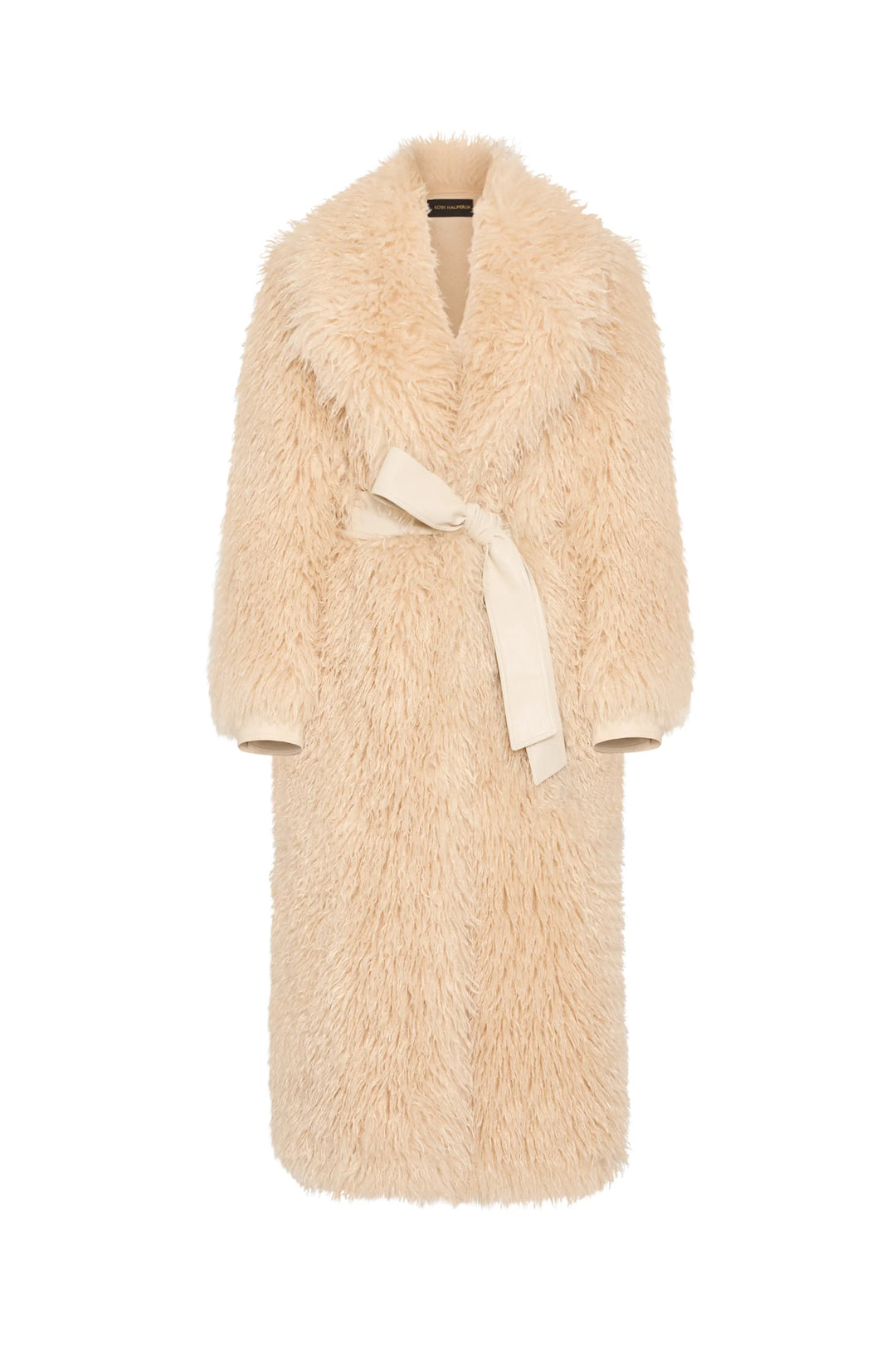 Beige faux Mongolian coat with wide lapels, removable belt; textured plush fabric, front view on white.