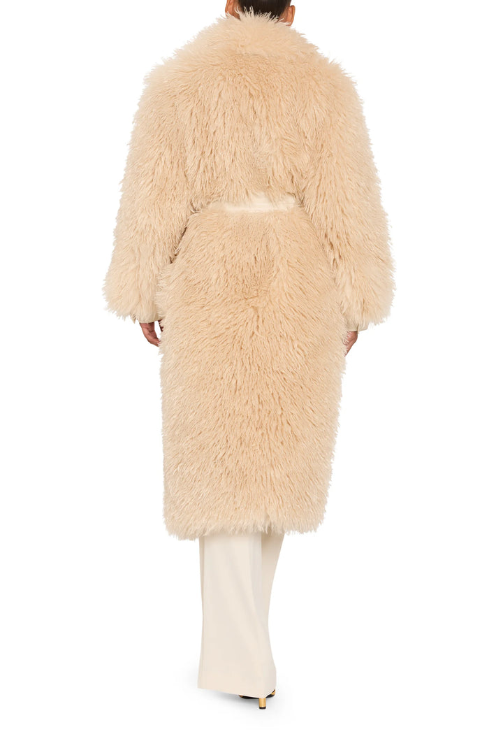 Belted faux Mongolian coat with plush textured fabric, longline silhouette, shown from the back view on model.