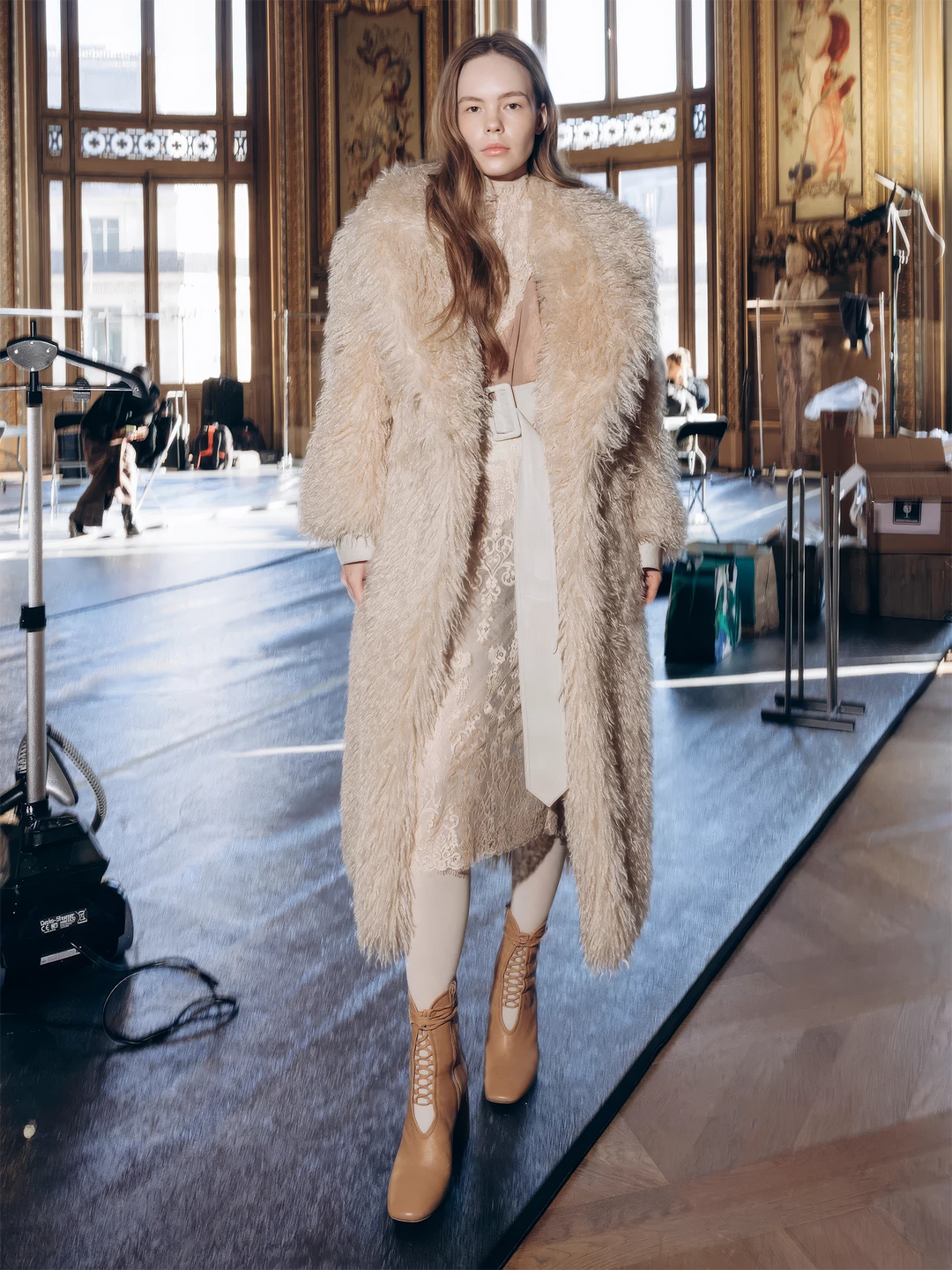 Kallie Faux Mongolian Belted Coat, long-pile faux fur coat with removable waist belt, front view on model.