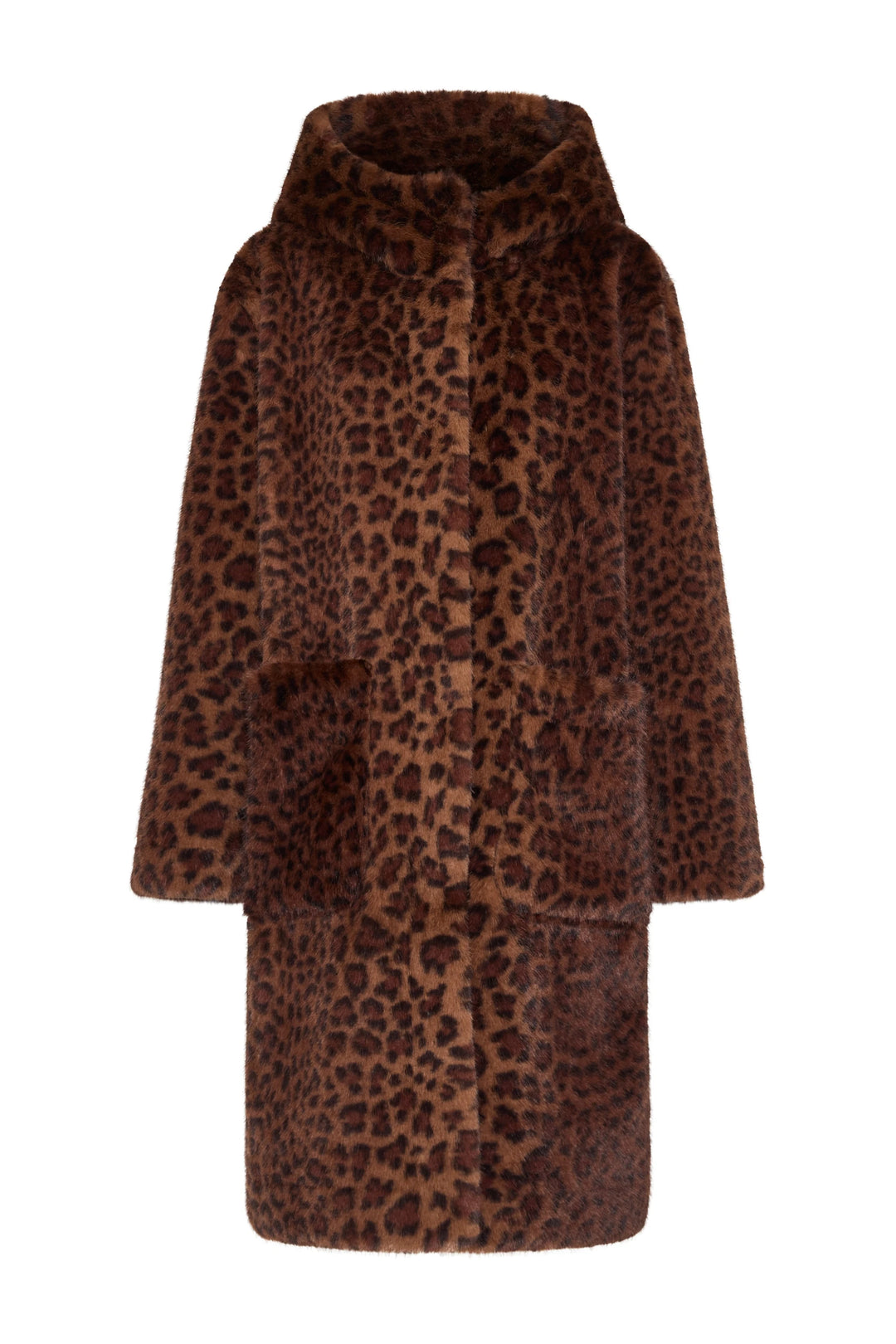 Leopard Print faux fur coat with sculptural hood, two front pockets, and relaxed silhouette; front view on white.