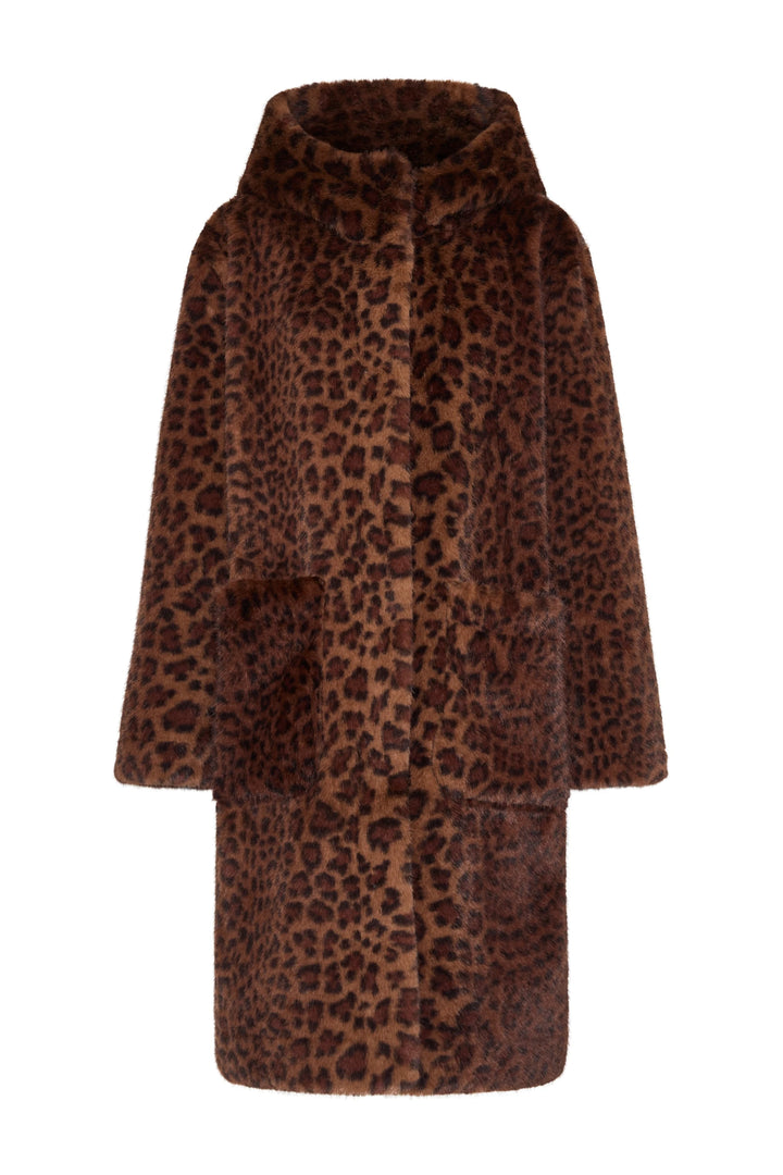 Leopard Print faux fur coat with sculptural hood, two front pockets, and relaxed silhouette; front view on white.