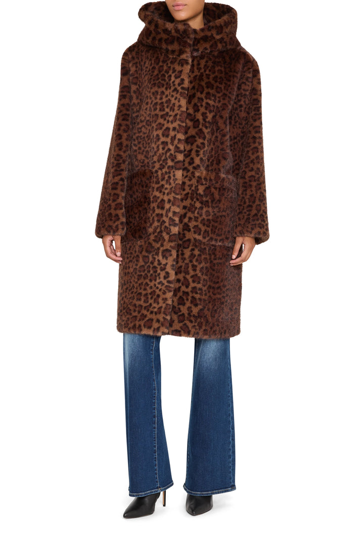 Leopard Print Faux Fur Coat with straight silhouette, notch collar, welt pockets; front view on model.