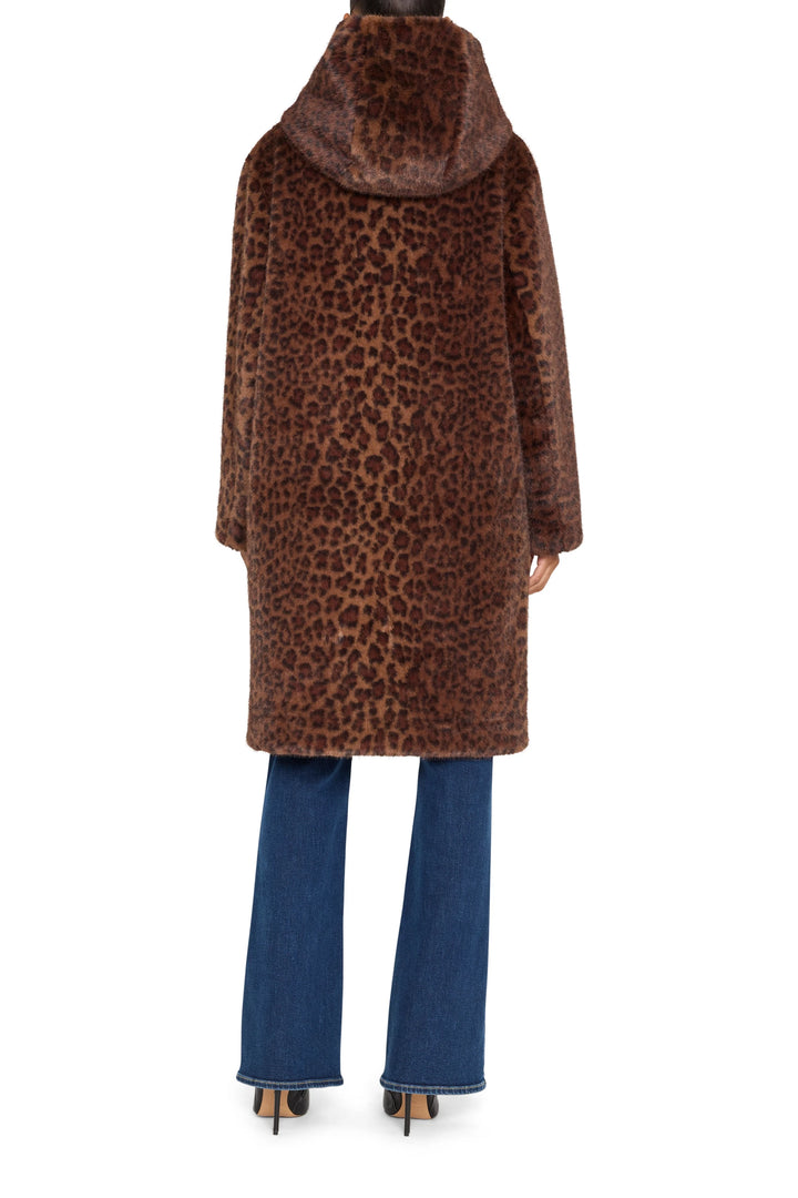 Leopard Print Faux Fur Coat with relaxed silhouette and collar, plush faux fur. Back view on model.