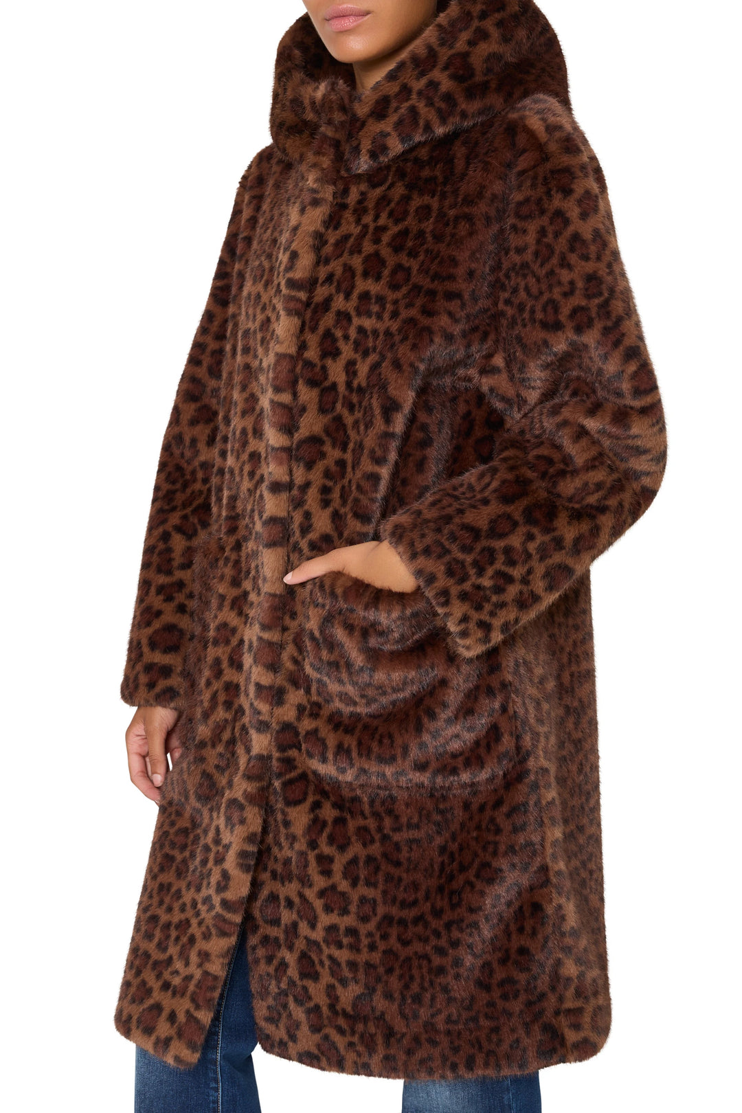 Leopard print faux fur coat with sculptural hood, relaxed silhouette, bonded faux fur; front view on model.