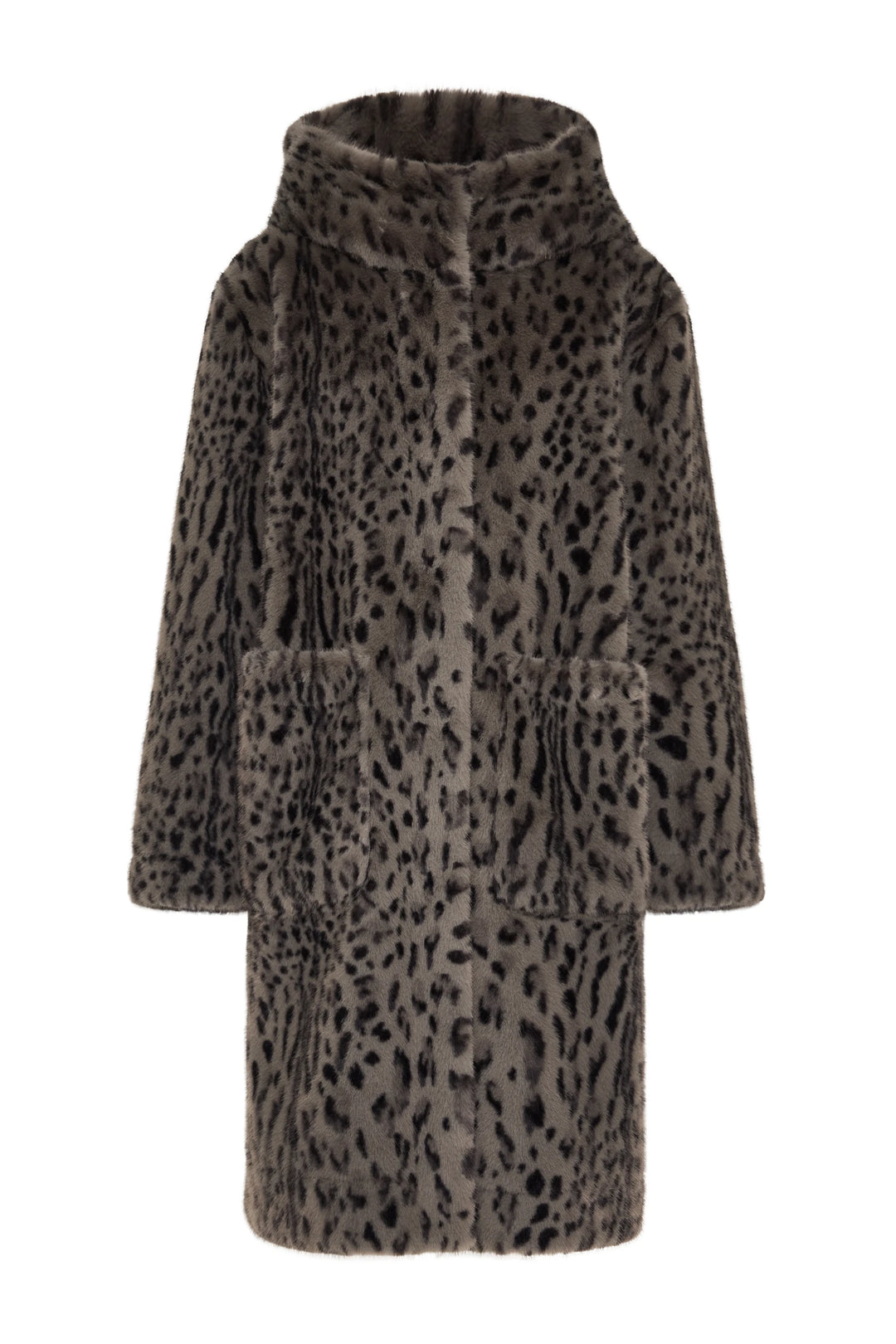 Hooded faux fur coat with leopard print, large front pockets, relaxed silhouette; front view on white.