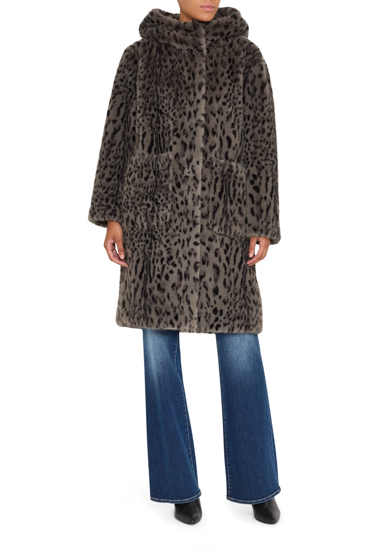 Leopard Print Faux Fur Coat with relaxed silhouette, plush faux fur fabric, front view on model.