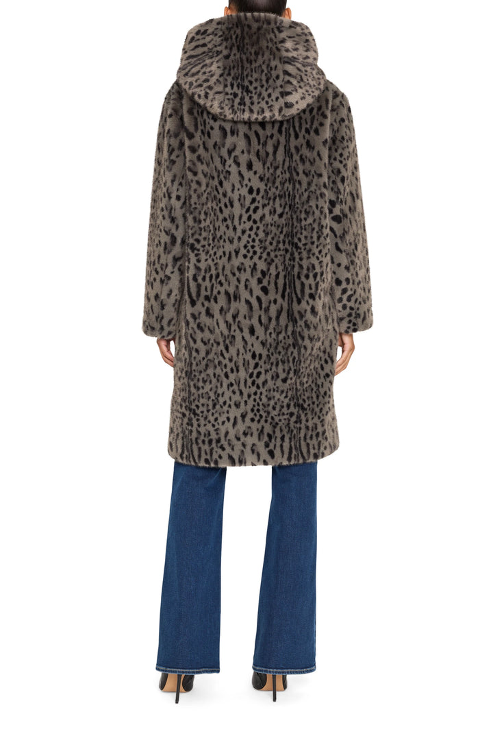 Faux fur coat with straight silhouette and wide collar, plush textured fabric, back view on model.