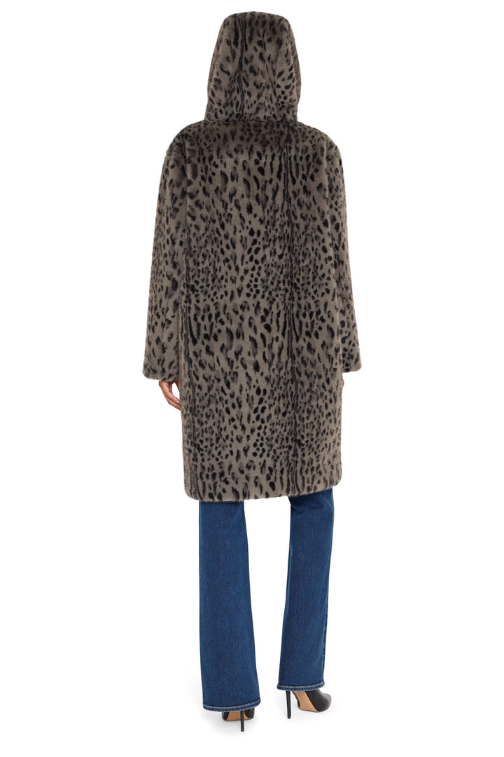 Hooded faux fur coat with relaxed, mid-thigh silhouette and soft textured fabric; back view on model.