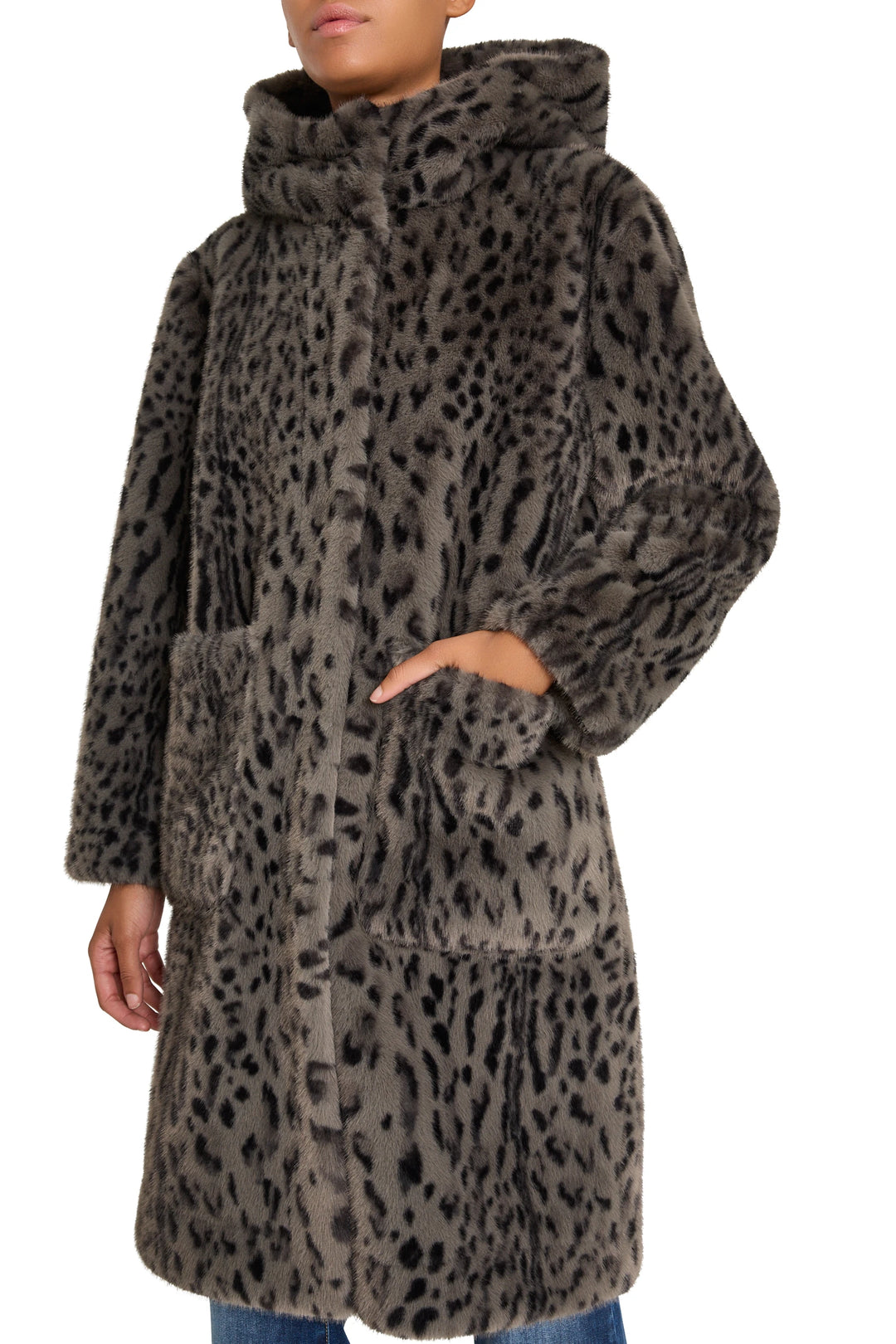 Knee-length faux fur coat, relaxed silhouette, classic collar, front closure. Front view on model.