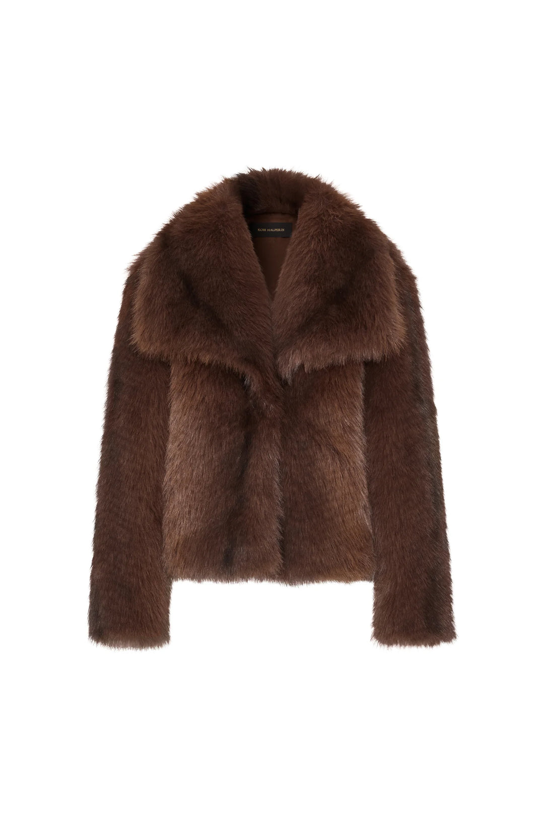 Brown faux fur short coat with shawl collar, wide lapels, plush texture; front view on white.