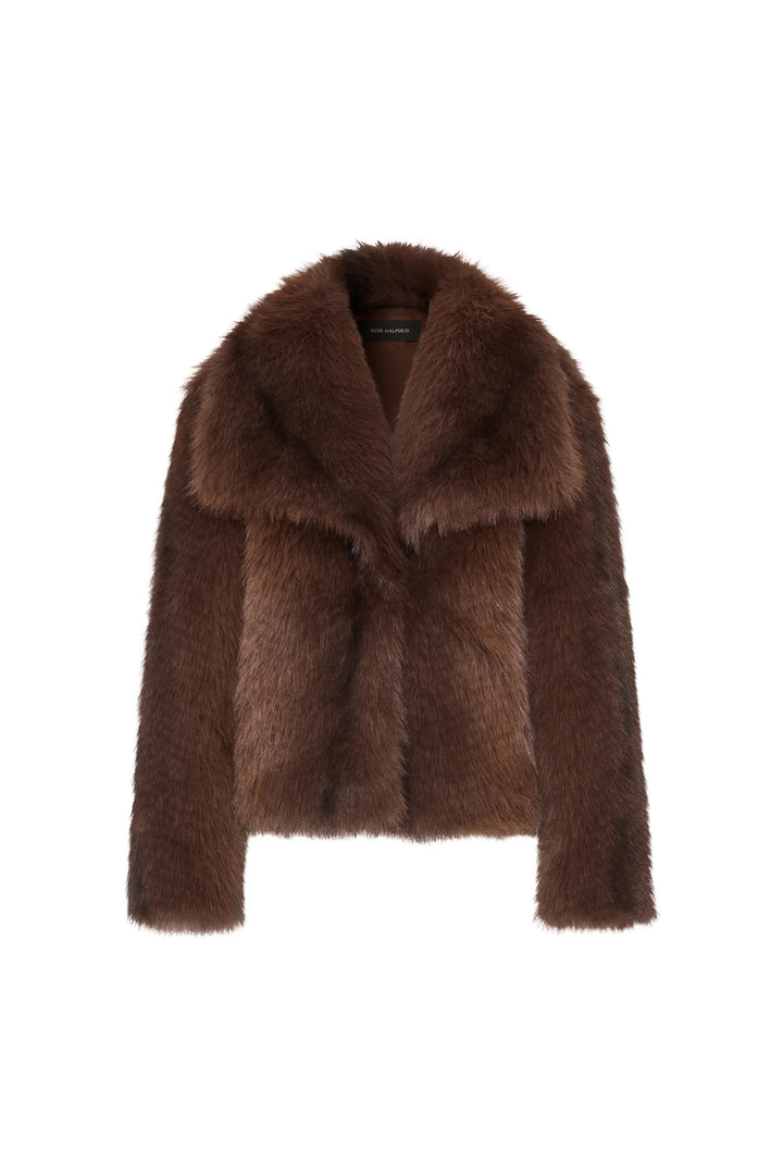 Brown faux fur short coat with shawl collar, wide lapels, plush texture; front view on white.