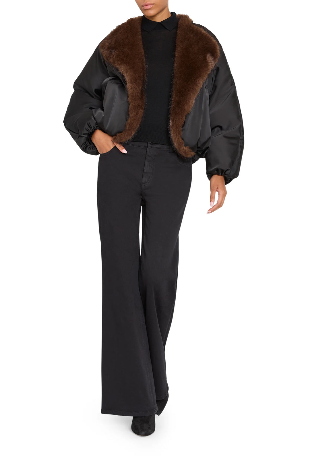 Nikki Nylon Coat with Faux Fur, straight silhouette, oversized faux fox fur collar and cuffs; front view on model.