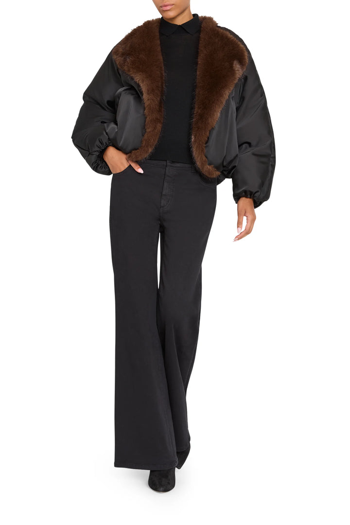 Nikki Nylon Coat with Faux Fur, straight silhouette, oversized faux fox fur collar and cuffs; front view on model.