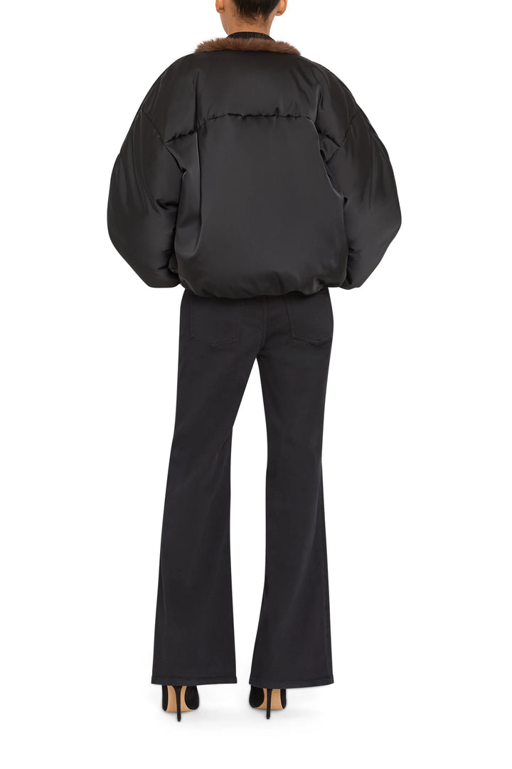 Nikki Nylon Coat with faux fur, relaxed silhouette, structured nylon fabric; back view on model.