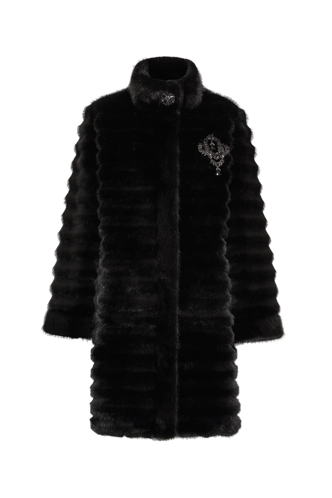 Long faux fur coat with vintage-inspired stripes, brooch embellishment, structured silhouette; front view on white.