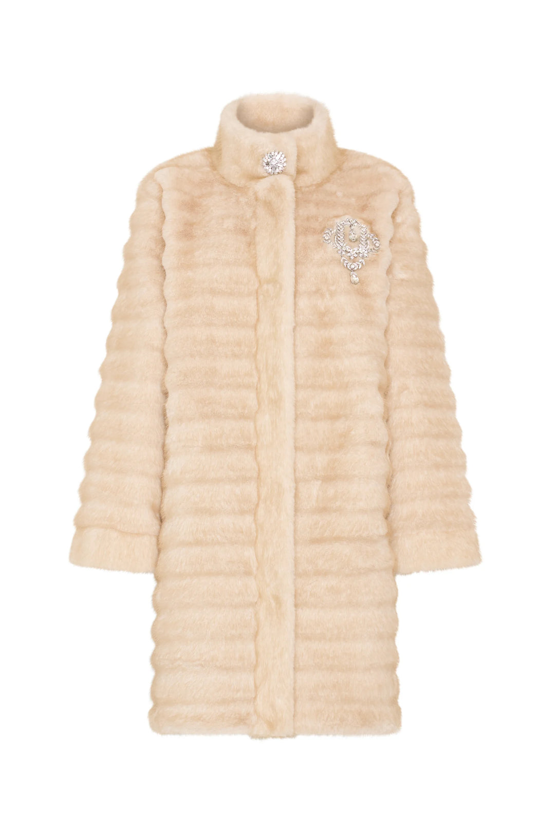 Long faux fur coat with horizontal stripes, jeweled chest brooch, relaxed silhouette. Front view on white.
