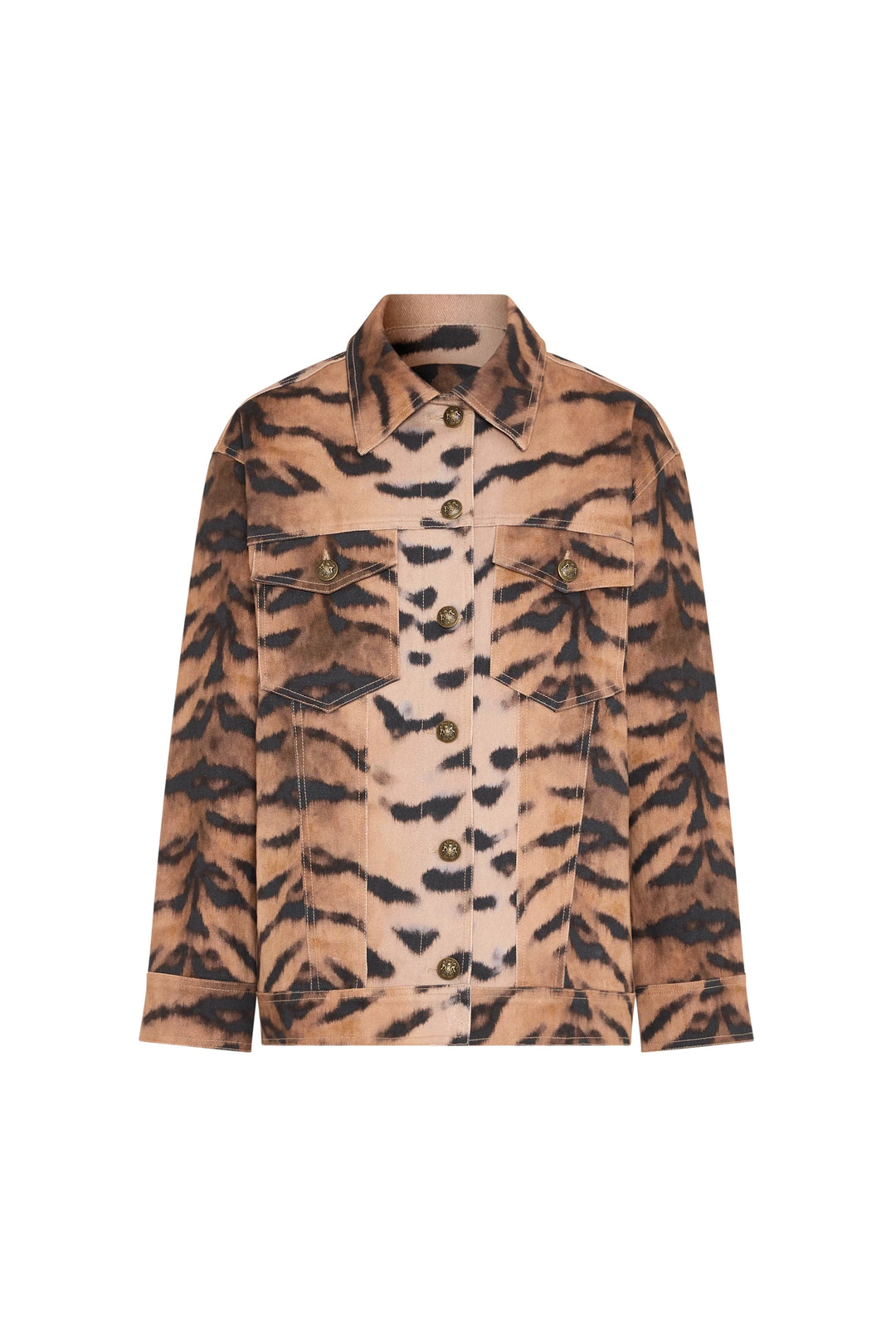 Animal printed jacket with point collar, chest flap pockets, button front, tailored silhouette; front view on white.