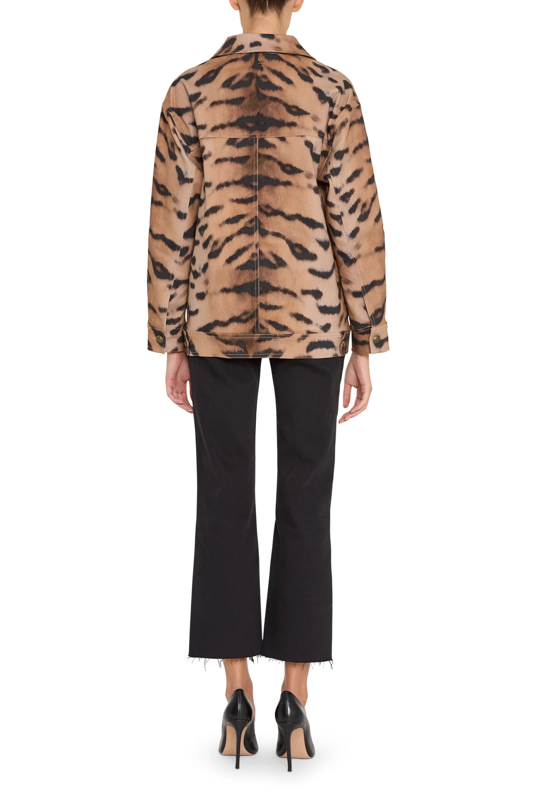 Straight-cut jacket with animal print, structured shoulders, button front; back view on model.