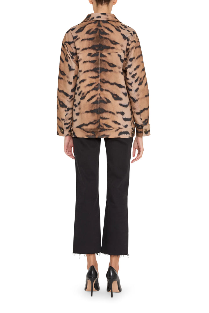 Straight-cut jacket with animal print, structured shoulders, button front; back view on model.