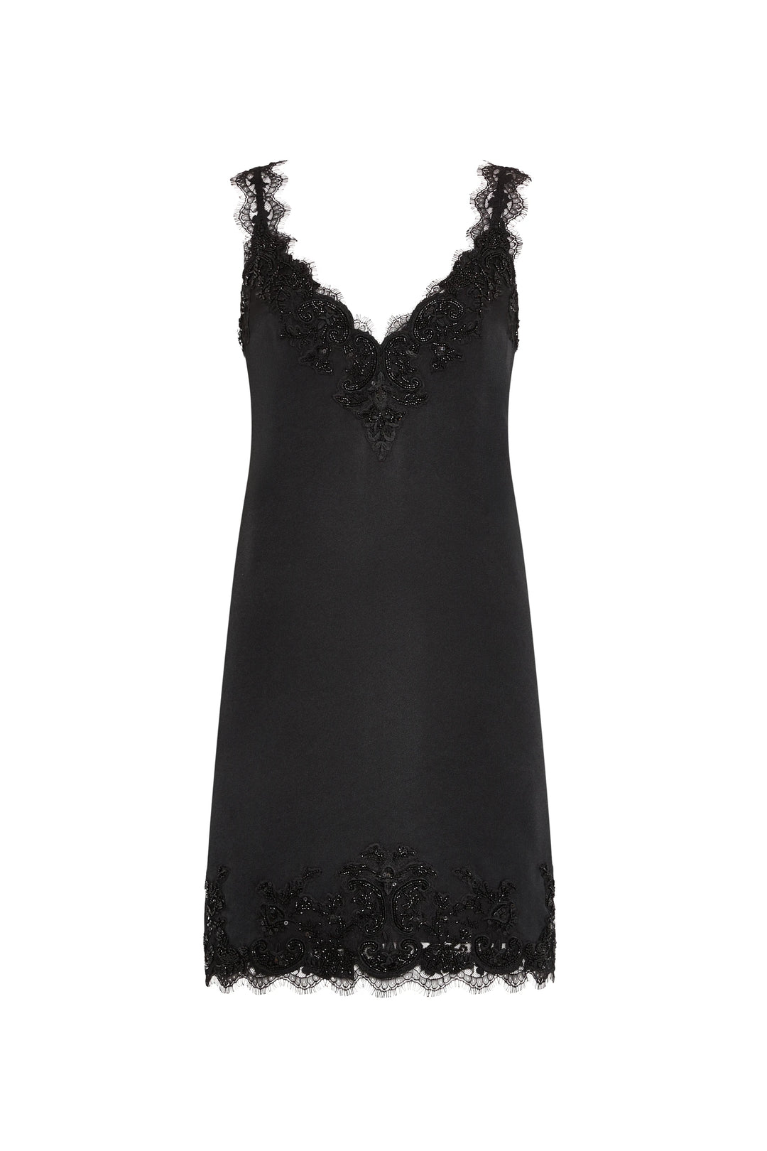 Black crepe mini slip dress with lace trim, tonal embroidery, sleeveless silhouette; front view on white.