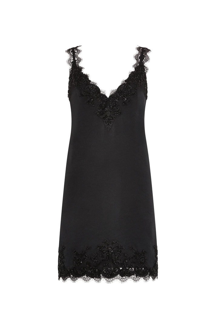 Black crepe mini slip dress with lace trim, tonal embroidery, sleeveless silhouette; front view on white.