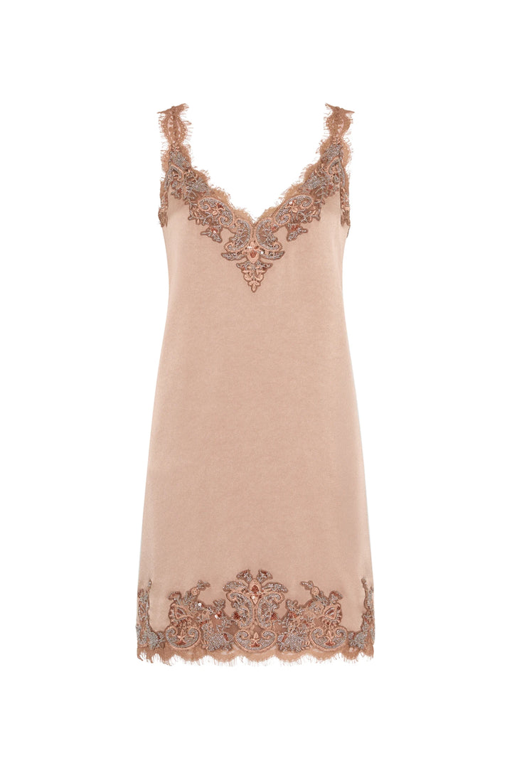 Beige crepe mini slip dress with lace trim, delicate embroidered neckline and hem, fitted silhouette; front view on white.