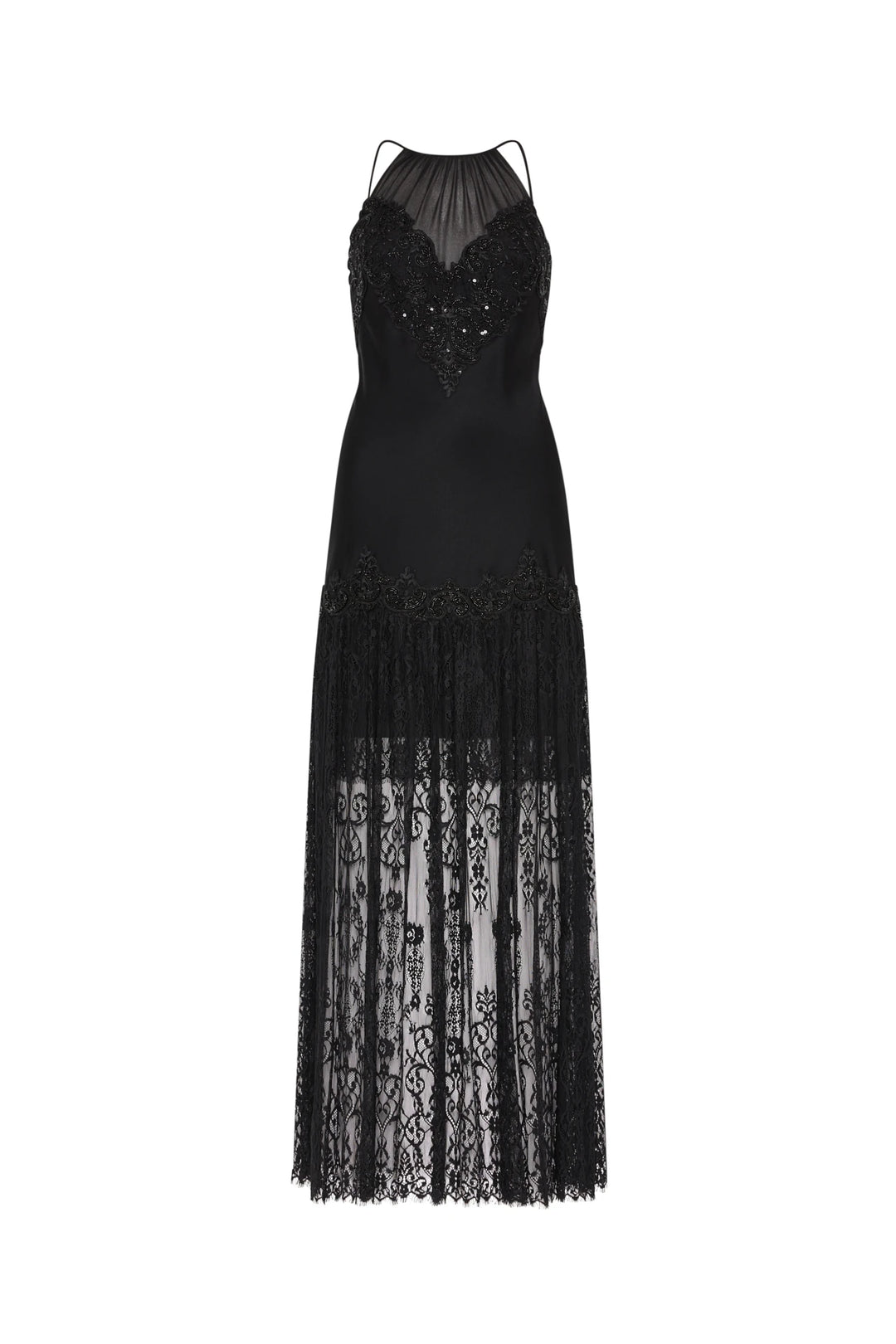 Floor-length dress with Chantilly lace bodice, sheer skirt, beaded crepe trim, fitted silhouette; front view on white.