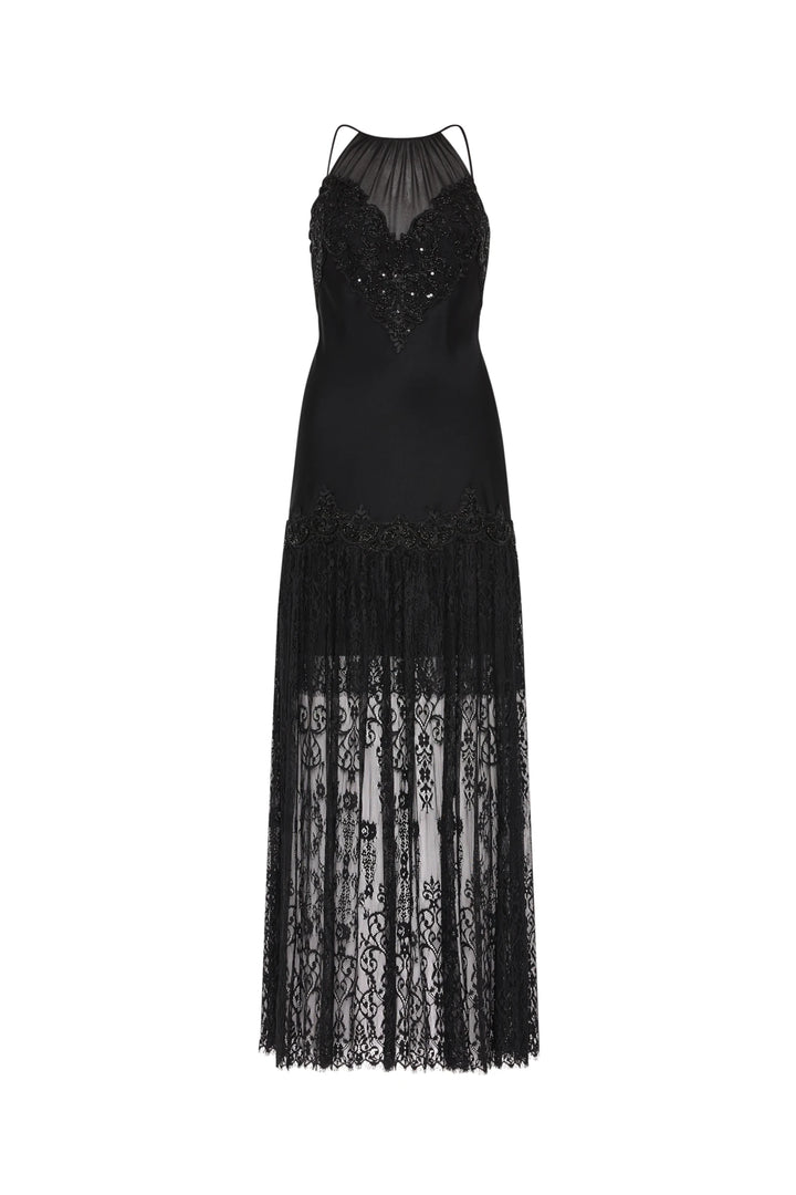 Floor-length dress with Chantilly lace bodice, sheer skirt, beaded crepe trim, fitted silhouette; front view on white.