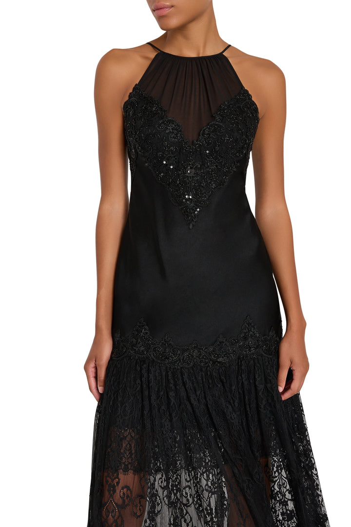 Chelsea Lace Combo Long Dress; sleeveless, fitted bodice, lace and sequins, full skirt. Front view on white.