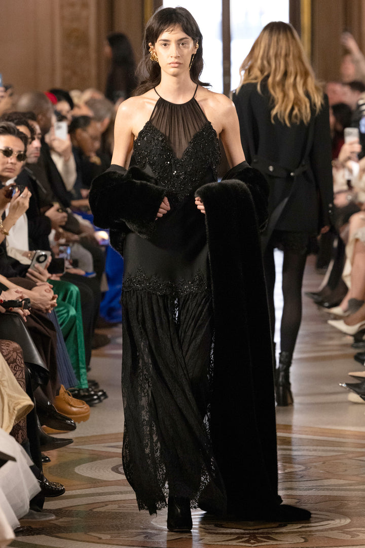 Fitted lace combo long dress with fluid silhouette and tailored seams, front view on model.