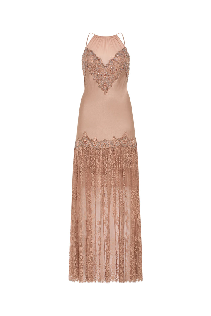 Sleeveless gown with Chantilly lace, sheer skirt, beaded bodice details, fitted waist. Front view on white.