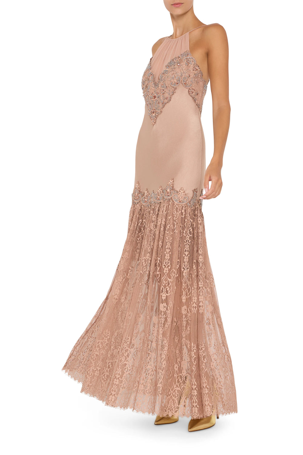 Blush pink maxi dress with floral embroidery, flared skirt, lace overlay. Front view on white.