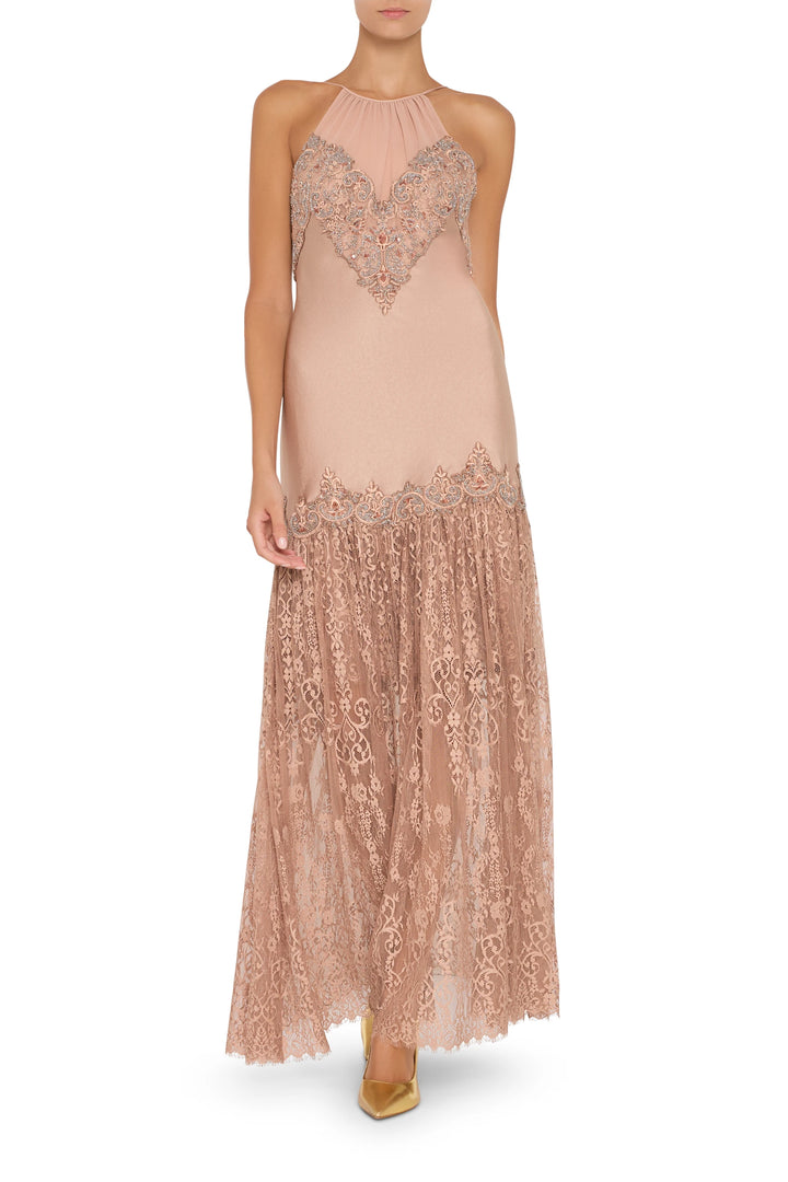 Sheer maxi silhouette with Chantilly lace panels and delicate construction, front view on model.