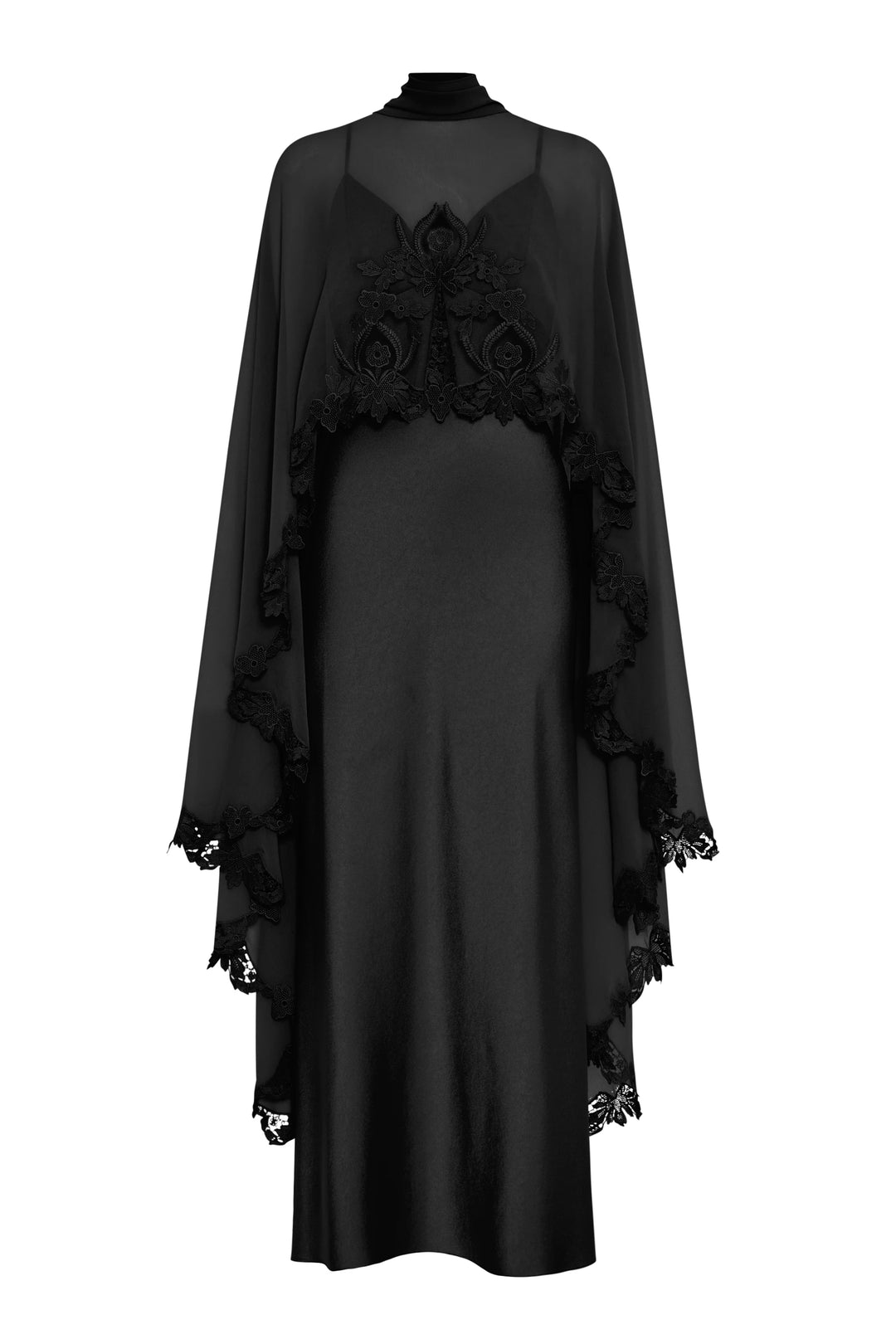Floor-length black dress with cape, sheer lace-trimmed overlay, satin-back crepe bodice; front view on white.