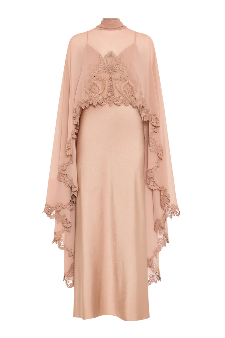 Blush pink evening gown, floor-length silhouette with sheer chiffon cape and delicate lace details, front view on white.