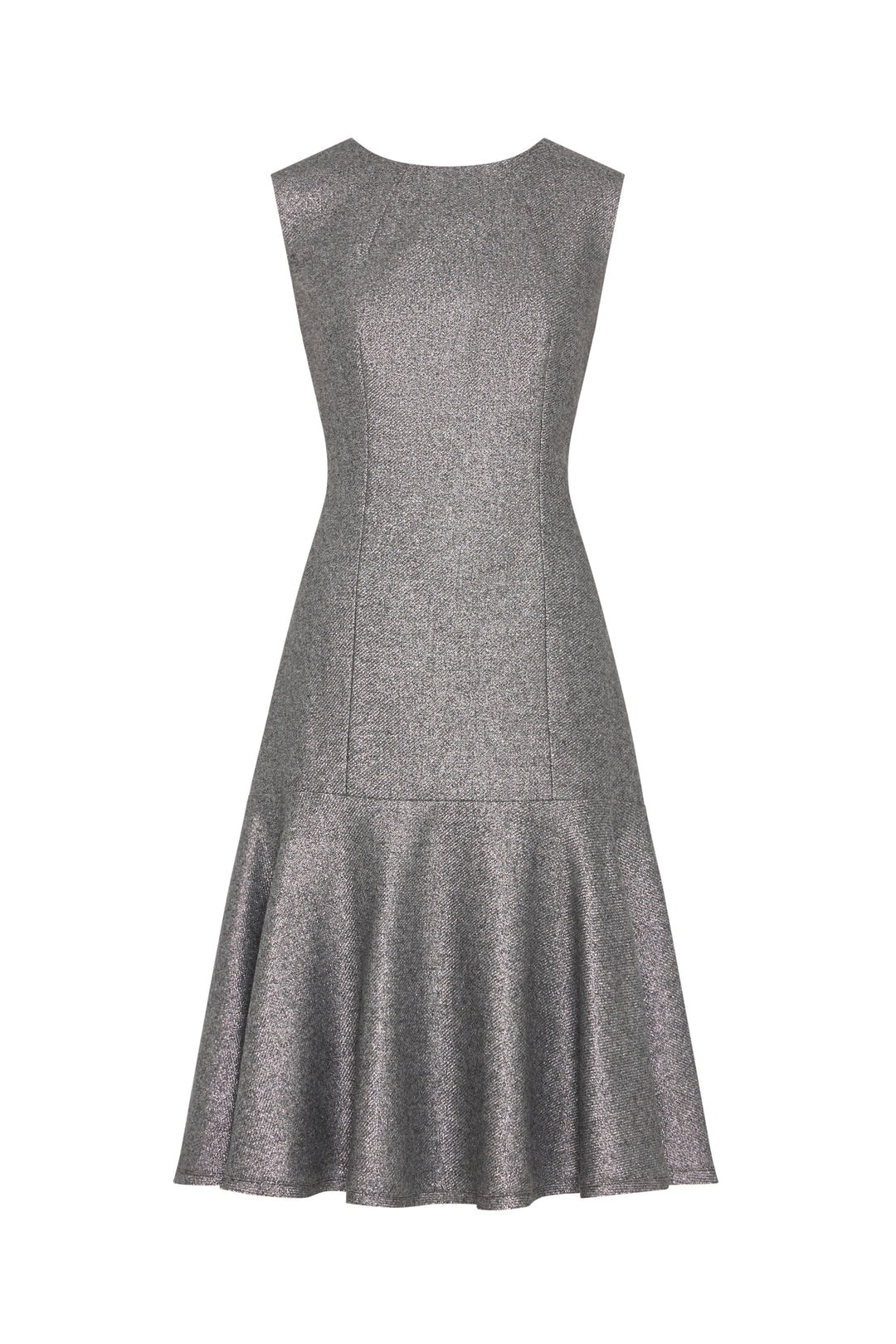 Sleeveless knee-length dress with fitted bodice, flared skirt, metallic wool fabric. Front view on white.