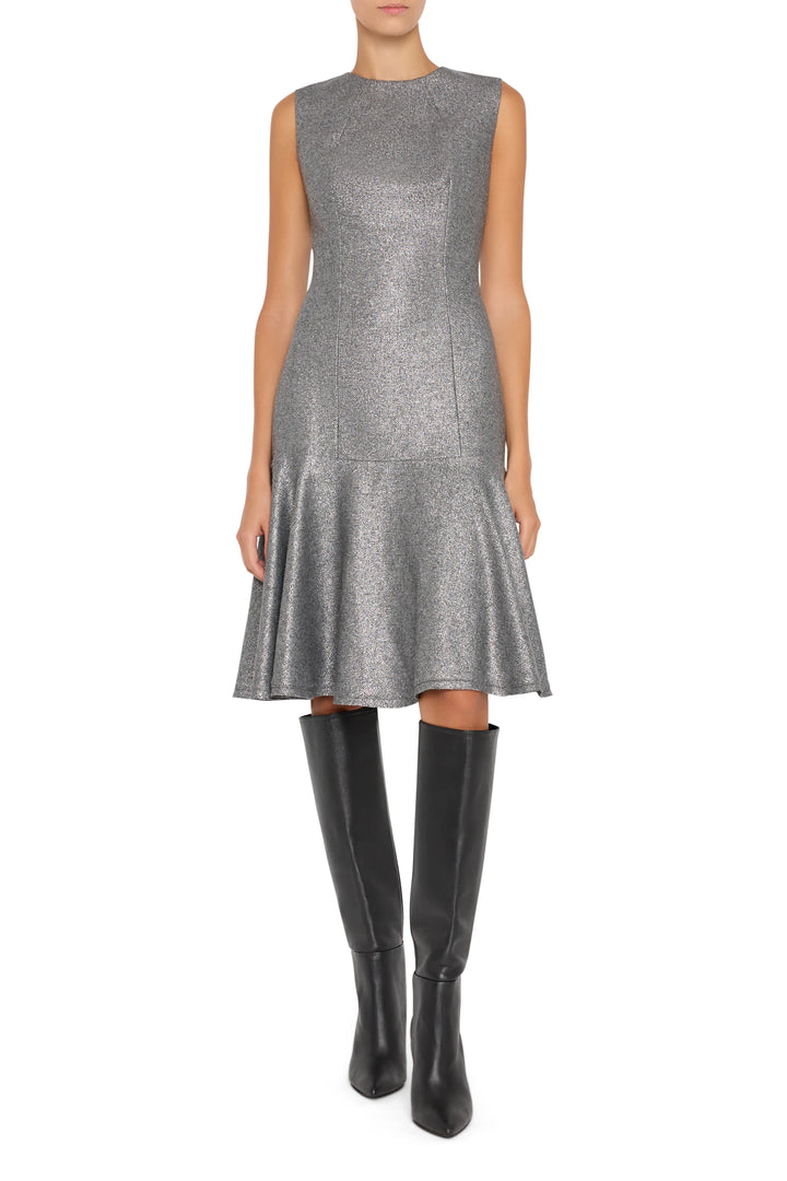Metallic wool dress with flared hem, fitted bodice, midi silhouette, paneled construction; front view on white.