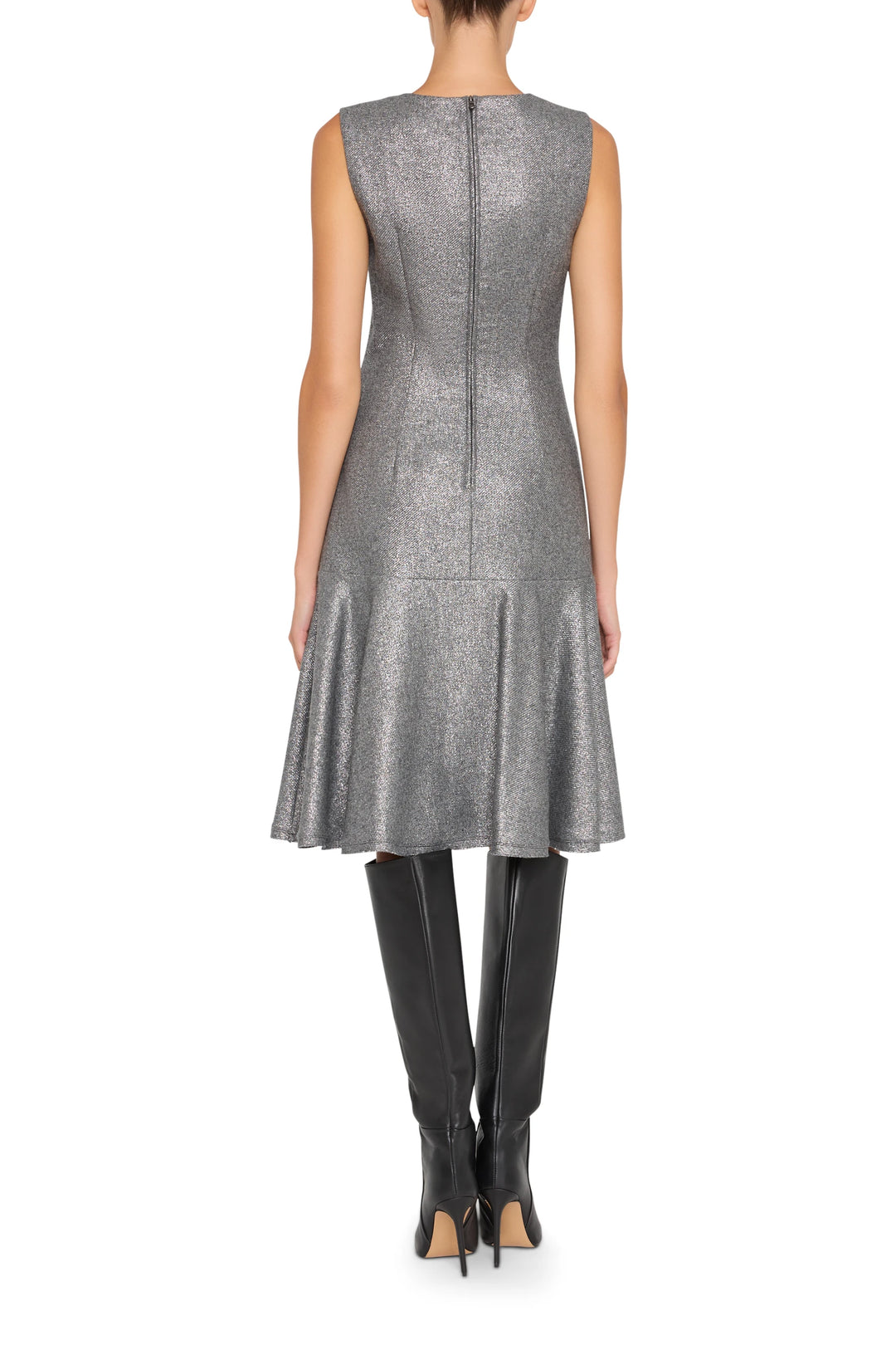 Metallic wool dress with straight silhouette, long sleeves, clean lines and structured drape; back view on model.
