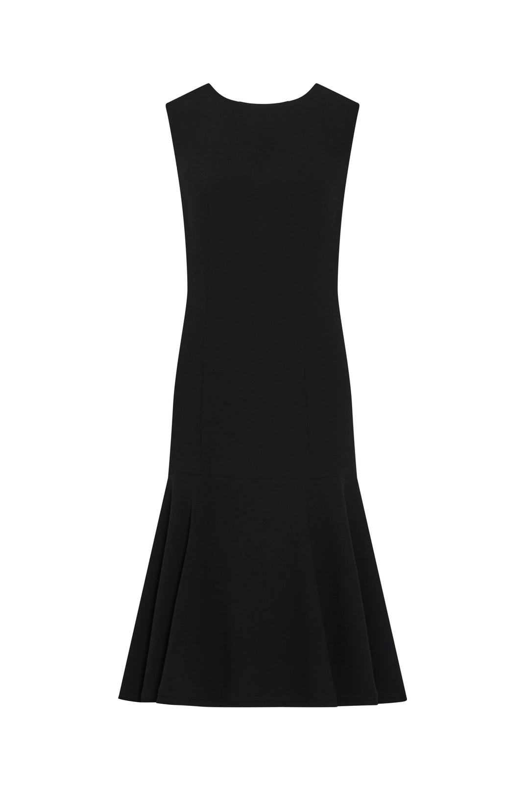 Black crepe fit-and-flare dress with sleeveless bodice, flared skirt. Front view on white.