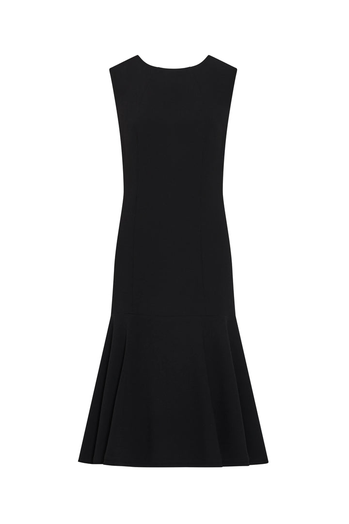 Black crepe fit-and-flare dress with sleeveless bodice, flared skirt. Front view on white.