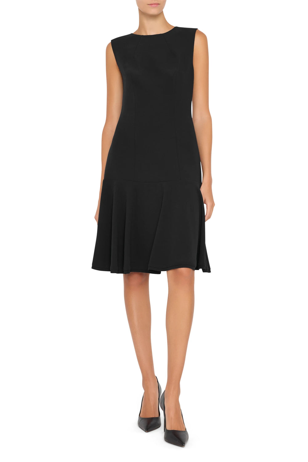Sleeveless Devon Crepe Dress with tailored silhouette and smooth crepe fabric, front view on white.