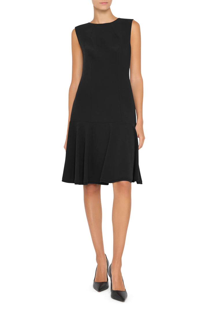 Sleeveless Devon Crepe Dress with tailored silhouette and smooth crepe fabric, front view on white.