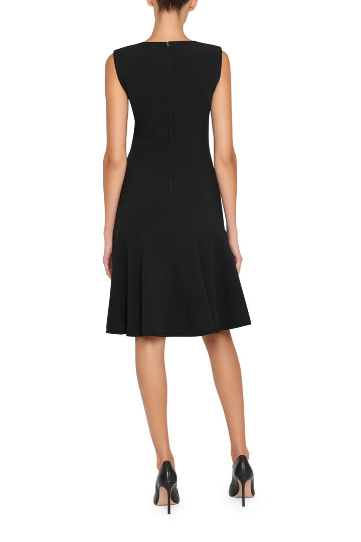 Devon Crepe Dress with fitted bodice, fluid skirt, tailored seams; back view on white.