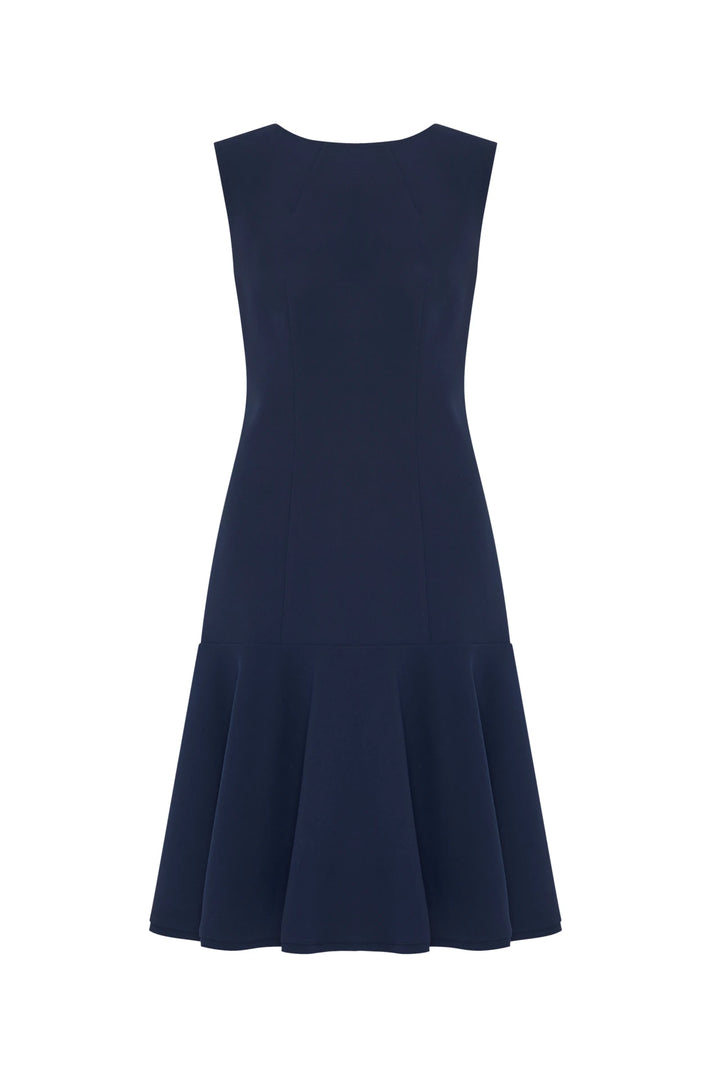 Navy crepe fit-and-flare dress with tailored bodice, flared skirt, precise seams. Front view on white.