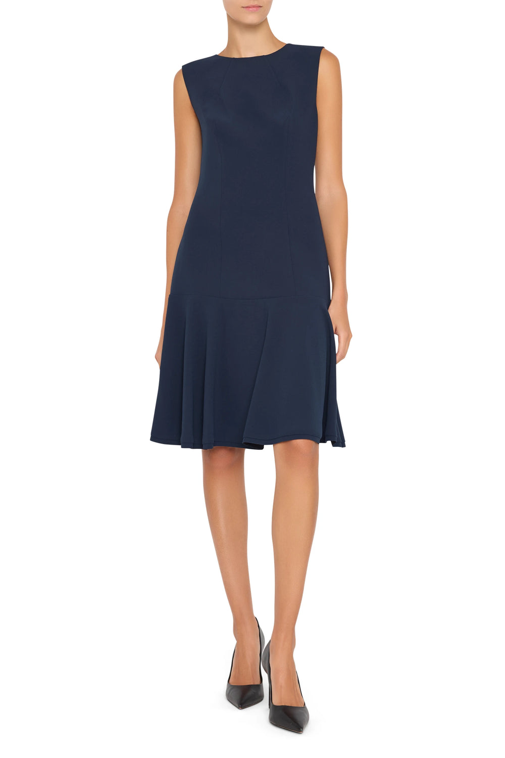 Navy fit-and-flare crepe dress with defined waist and midi skirt, short sleeves; front view on model.
