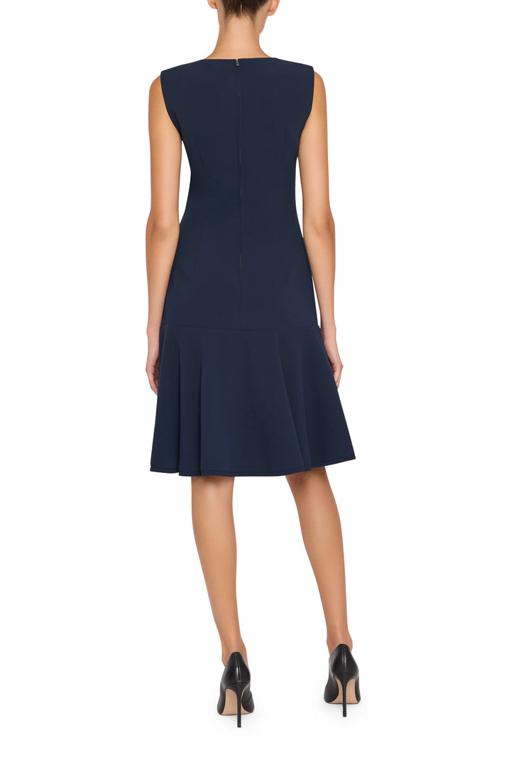 Sleeveless fit-and-flare crepe dress with flared hem, darted construction, back view on model.